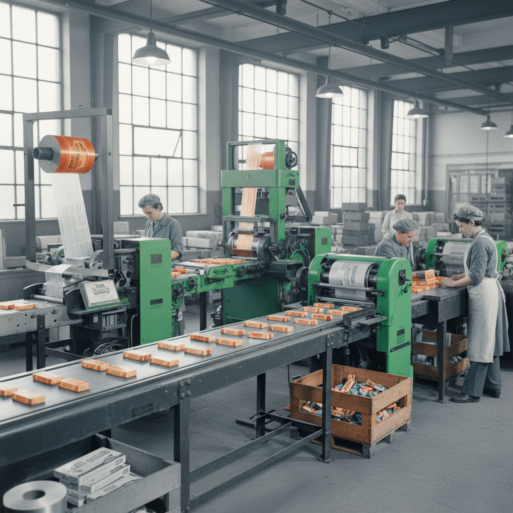 Automated packaging machinery and plastic film technology development from the 1960s to 1990s.