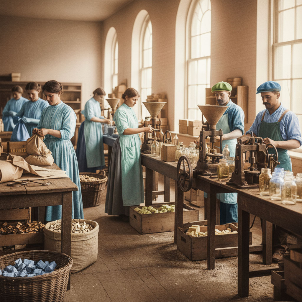 Early manual and mechanical packaging machinery used in factories before automation.