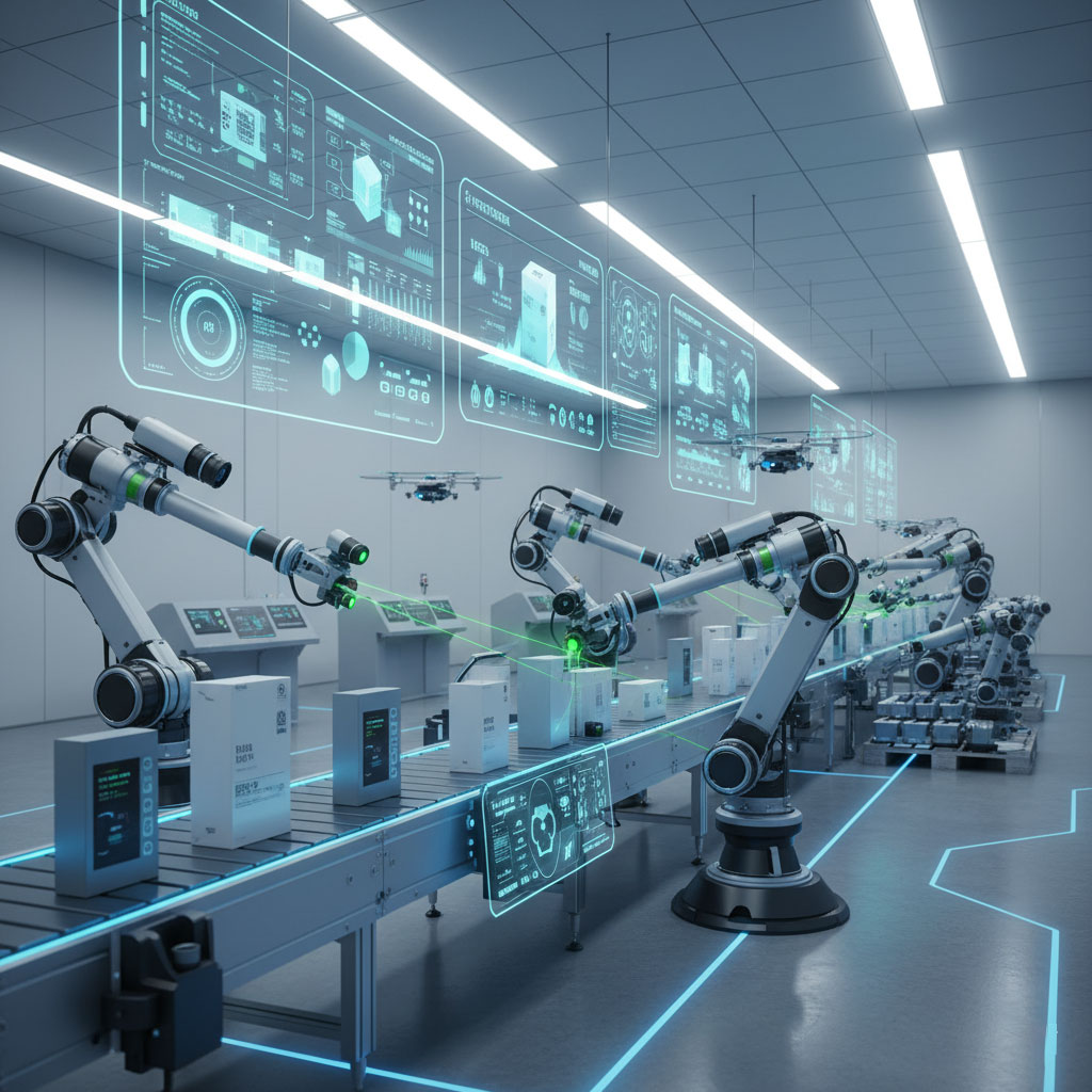 Smart packaging machinery with IoT, vision systems, and intelligent automation features.